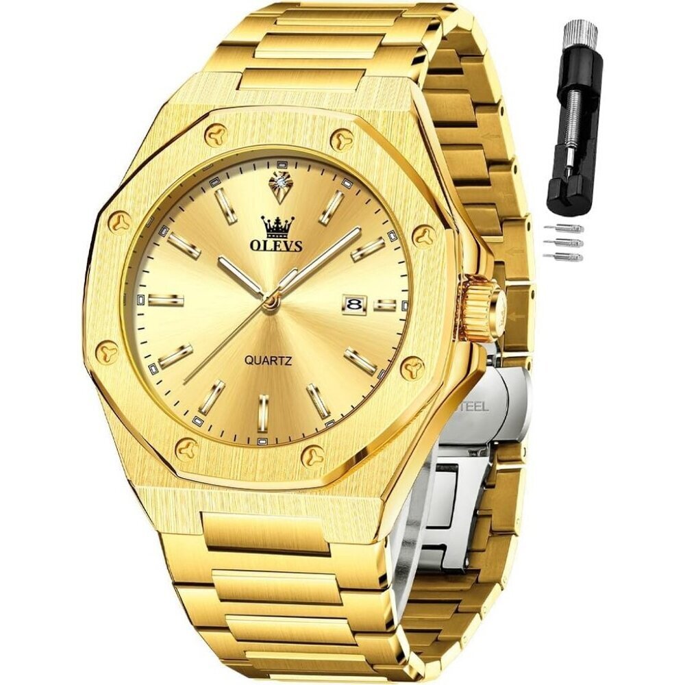 Olevs Men's Gold Stainless Steel Analog Luminous Waterproof Easy Wear Watch